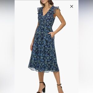 Kenzie Flutter Sleeve Floral Embroidered Dress Blue& Green With Pickets Sz 4